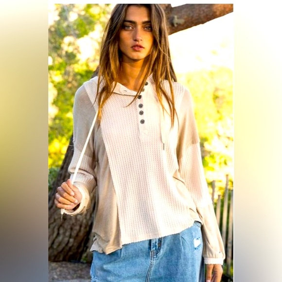 POL Tops - 231. POL Clothing Hoodie Henley Top Mocha Mousse Tan Medium